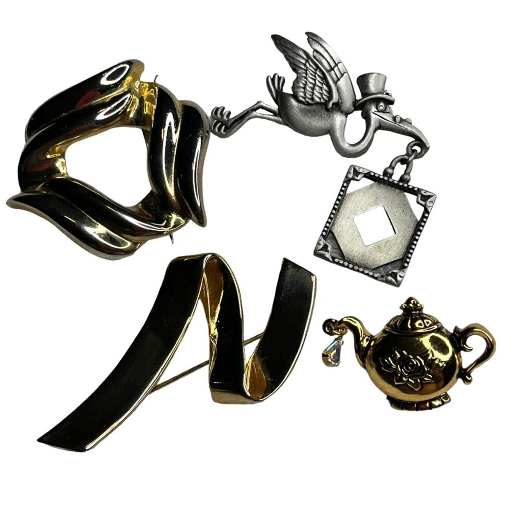 Vintage Brooch Pin Collection: Gold & Silver-Toned Stork With Top Hat Teapot Mod